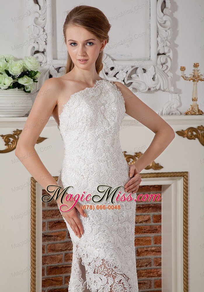 wholesale perfect column one shoulder brush train lace wedding dress