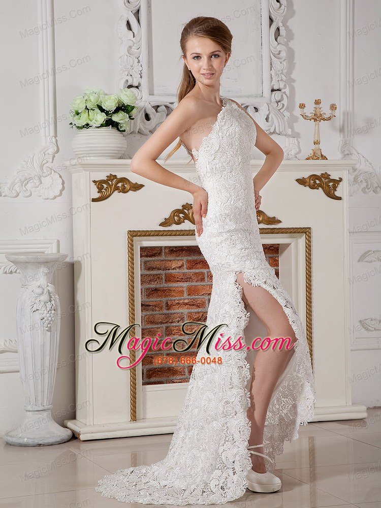 wholesale perfect column one shoulder brush train lace wedding dress