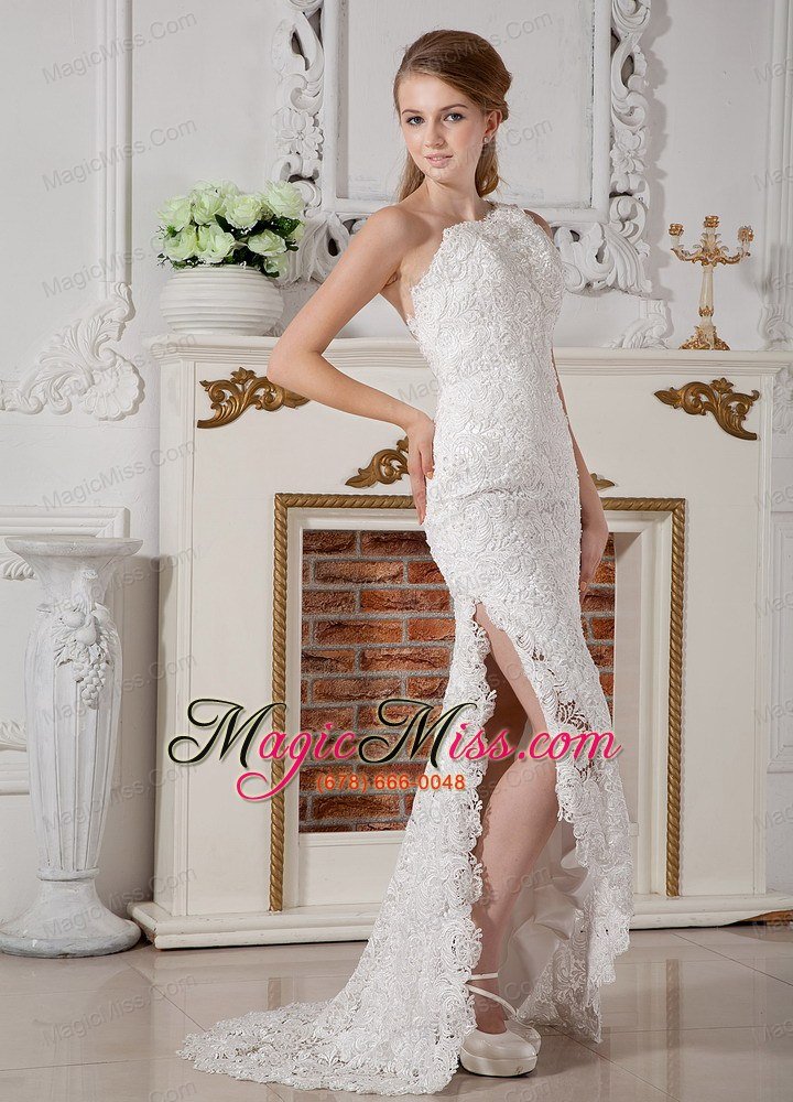 wholesale perfect column one shoulder brush train lace wedding dress