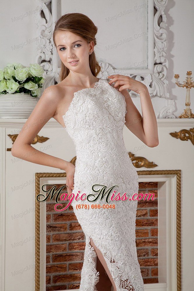 wholesale perfect column one shoulder brush train lace wedding dress