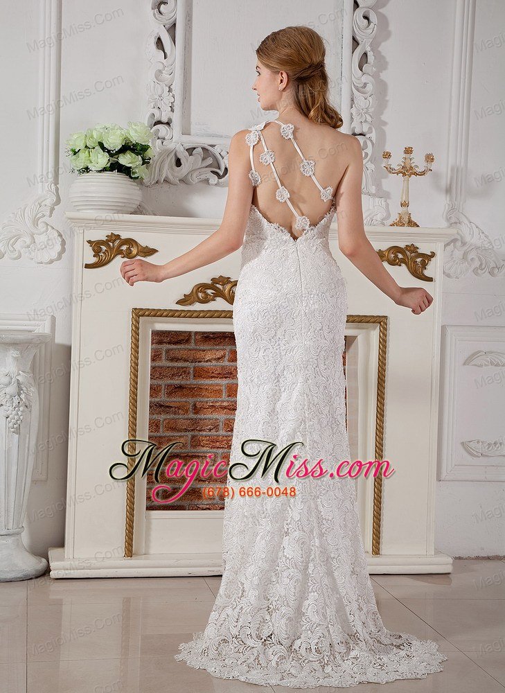 wholesale perfect column one shoulder brush train lace wedding dress