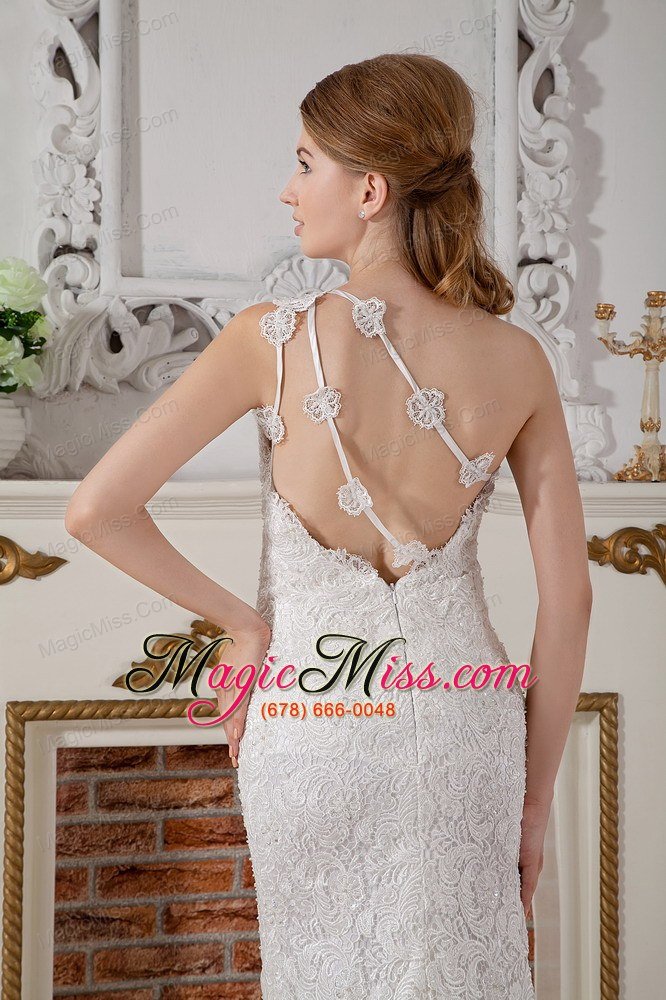 wholesale perfect column one shoulder brush train lace wedding dress