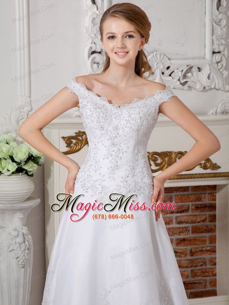 wholesale brand new a-line off the shoulder floor-length organza appliques wedding dress