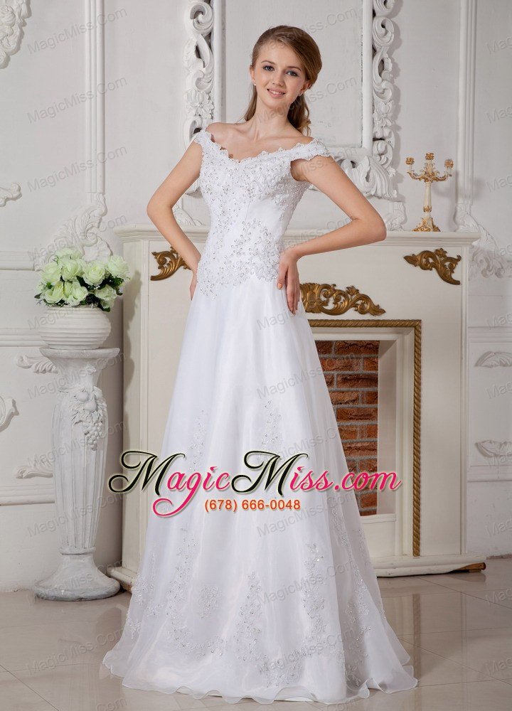 wholesale brand new a-line off the shoulder floor-length organza appliques wedding dress