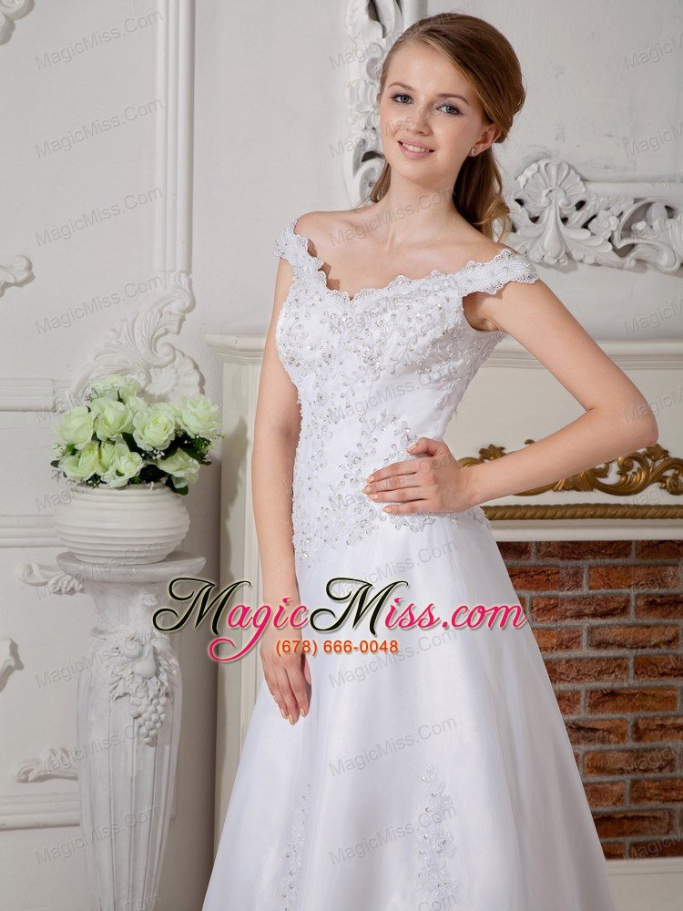 wholesale brand new a-line off the shoulder floor-length organza appliques wedding dress