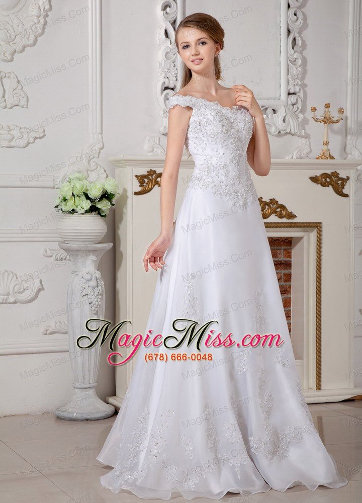 wholesale brand new a-line off the shoulder floor-length organza appliques wedding dress