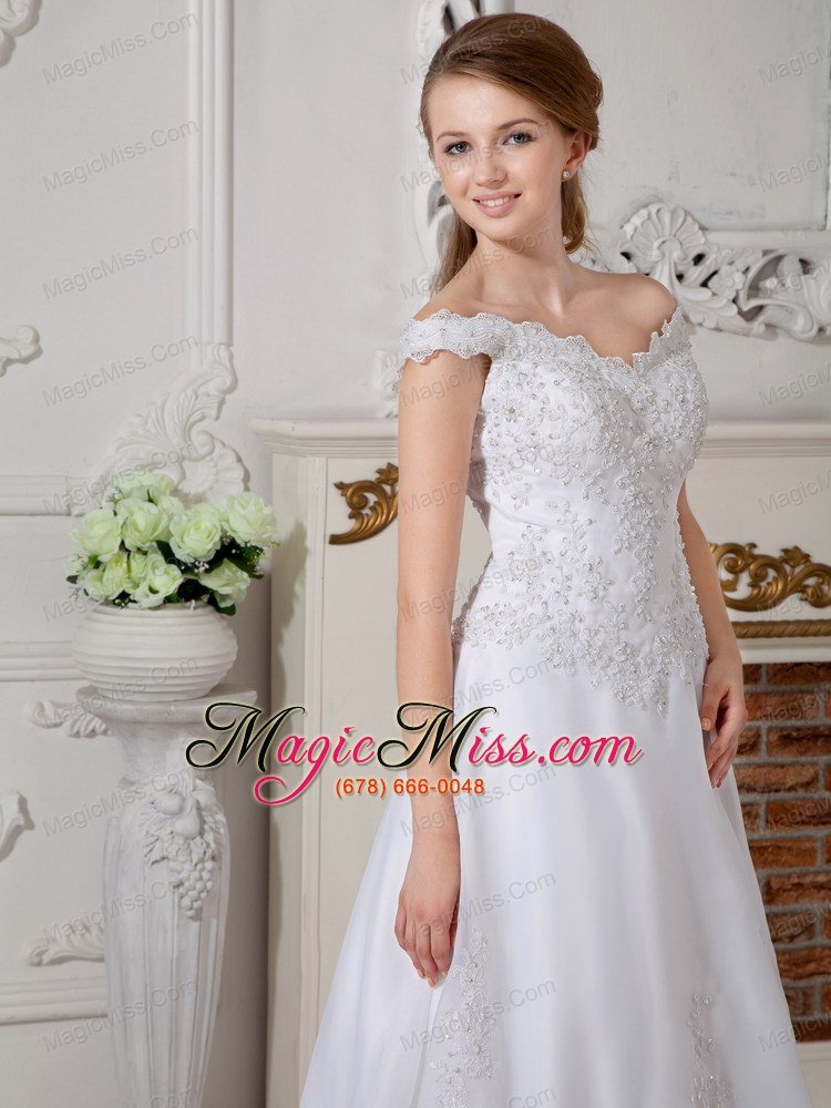 wholesale brand new a-line off the shoulder floor-length organza appliques wedding dress