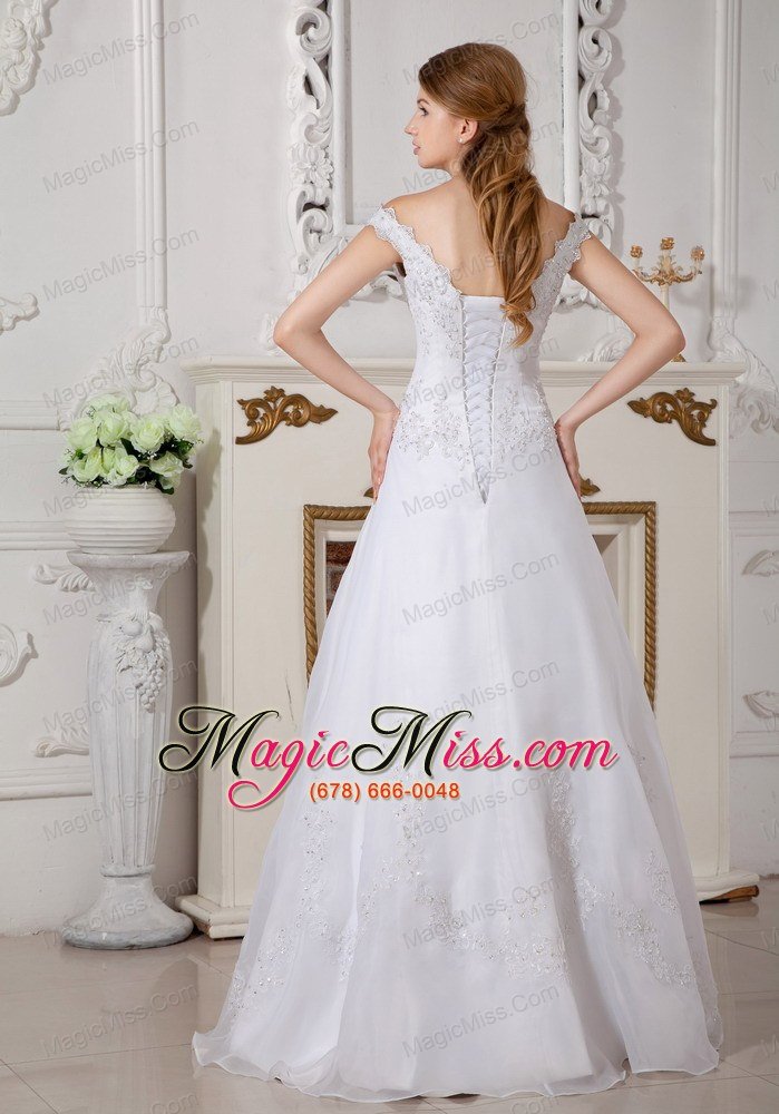 wholesale brand new a-line off the shoulder floor-length organza appliques wedding dress