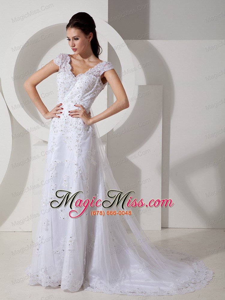 wholesale modest column v-neck court train lace beading wedding dress