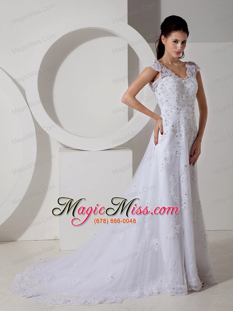 wholesale modest column v-neck court train lace beading wedding dress