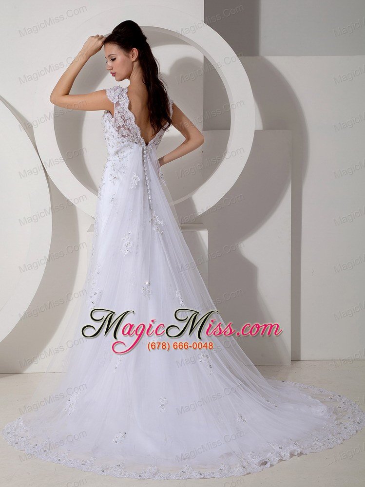 wholesale modest column v-neck court train lace beading wedding dress