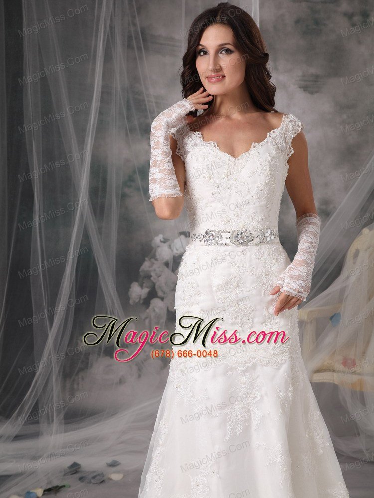 wholesale sexy a-line / princess v-neck court train organza appliques wedding dress