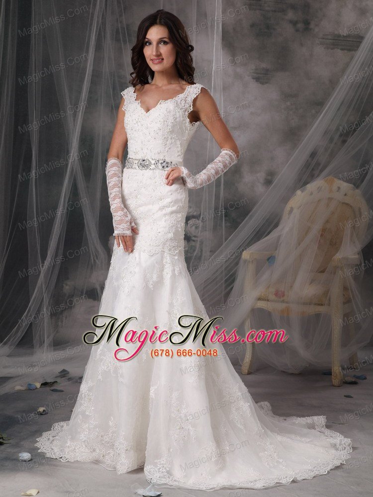 wholesale sexy a-line / princess v-neck court train organza appliques wedding dress