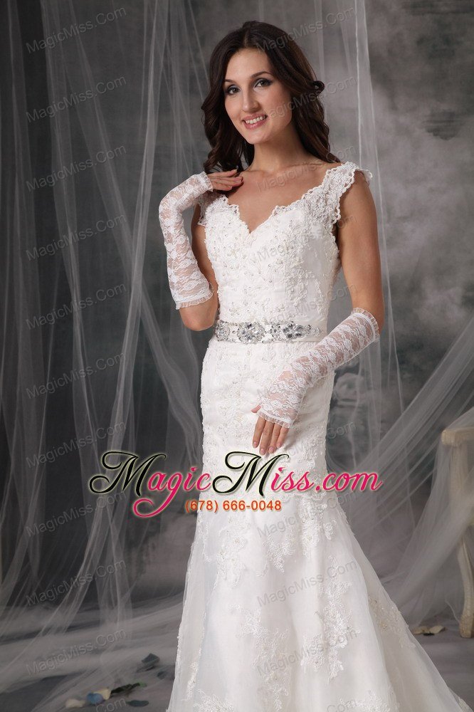 wholesale sexy a-line / princess v-neck court train organza appliques wedding dress