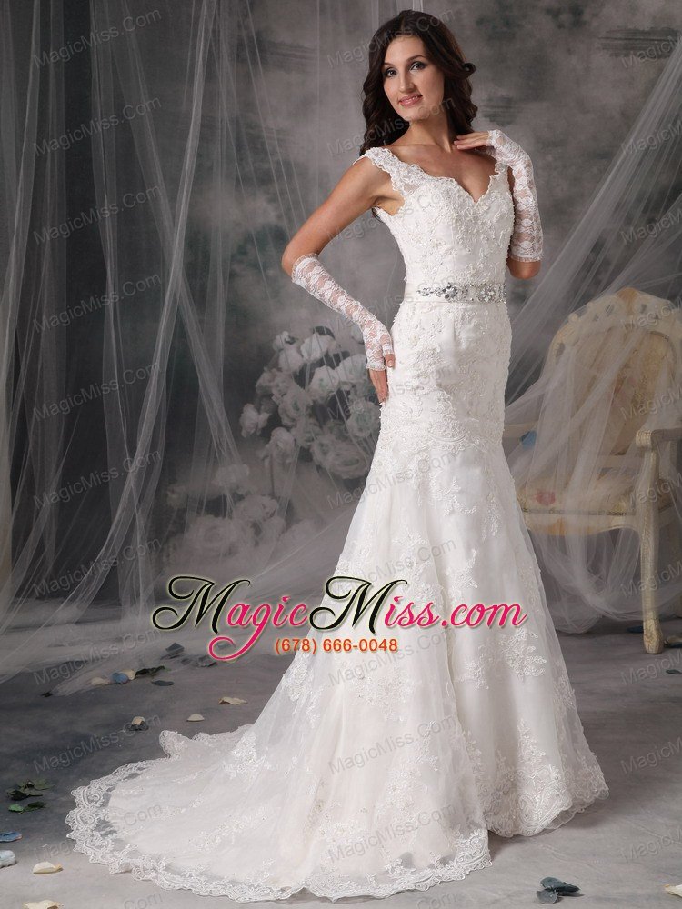 wholesale sexy a-line / princess v-neck court train organza appliques wedding dress