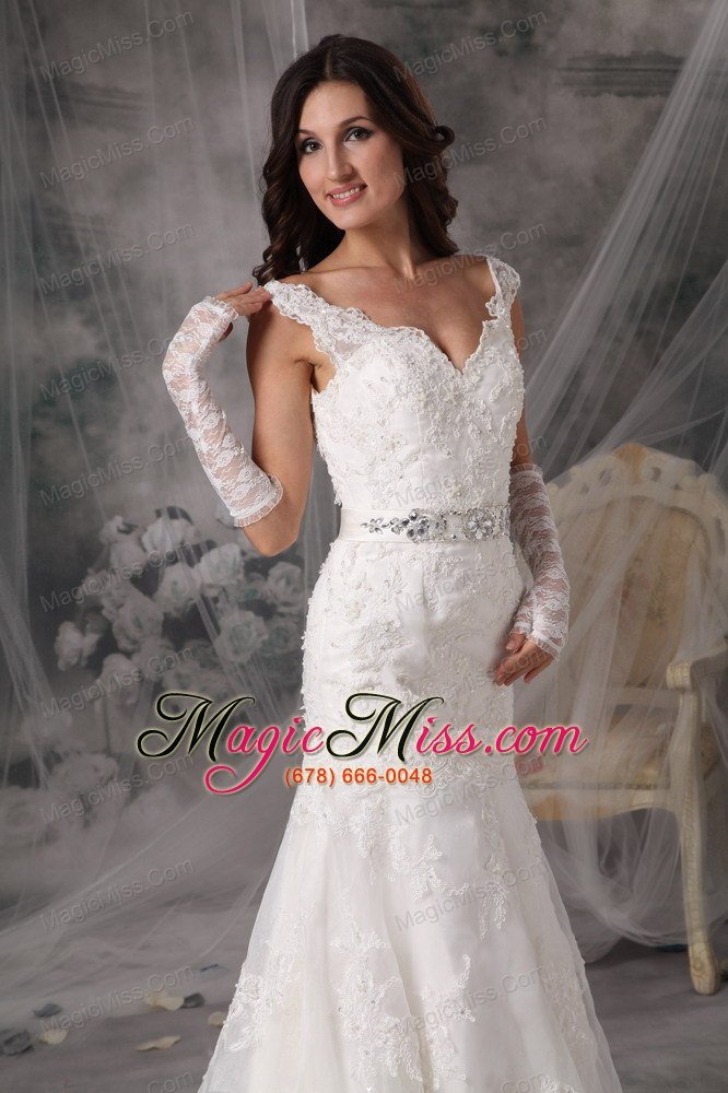 wholesale sexy a-line / princess v-neck court train organza appliques wedding dress