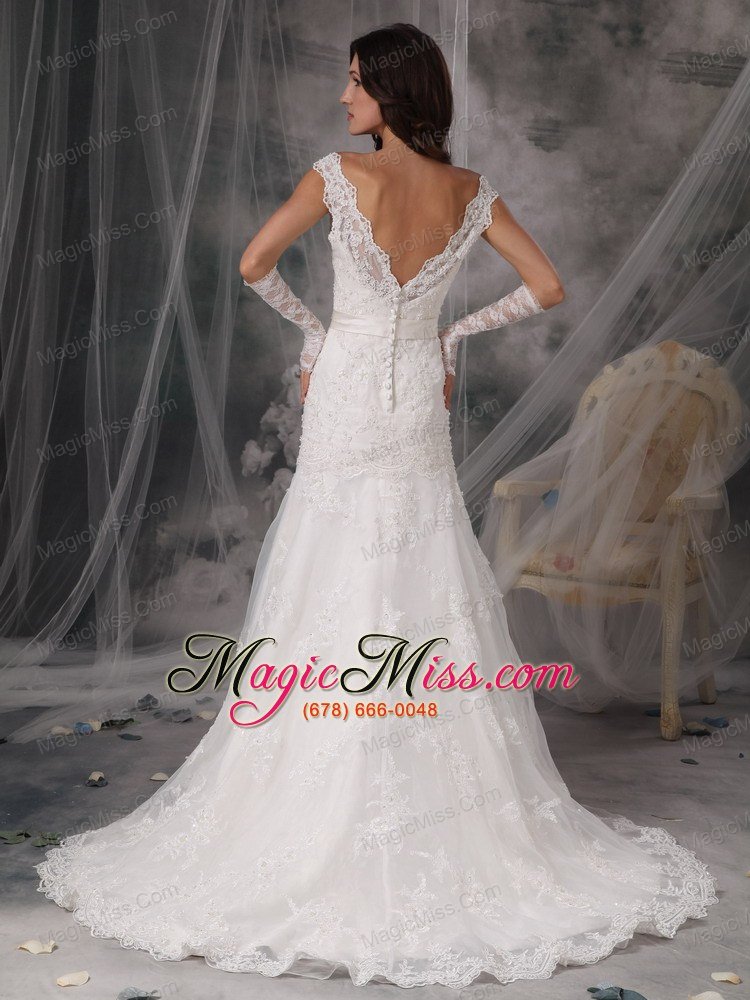 wholesale sexy a-line / princess v-neck court train organza appliques wedding dress