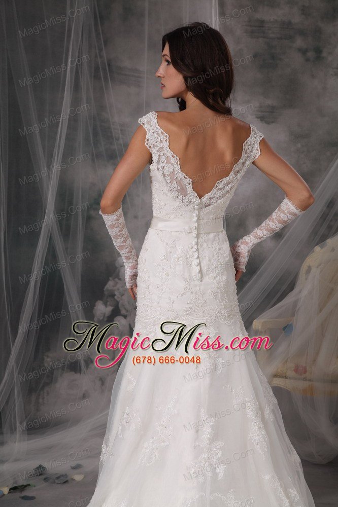 wholesale sexy a-line / princess v-neck court train organza appliques wedding dress