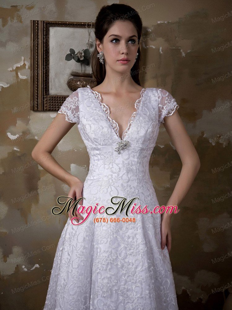 wholesale luxurious a-line v-neck brush train satin and lace wedding dress