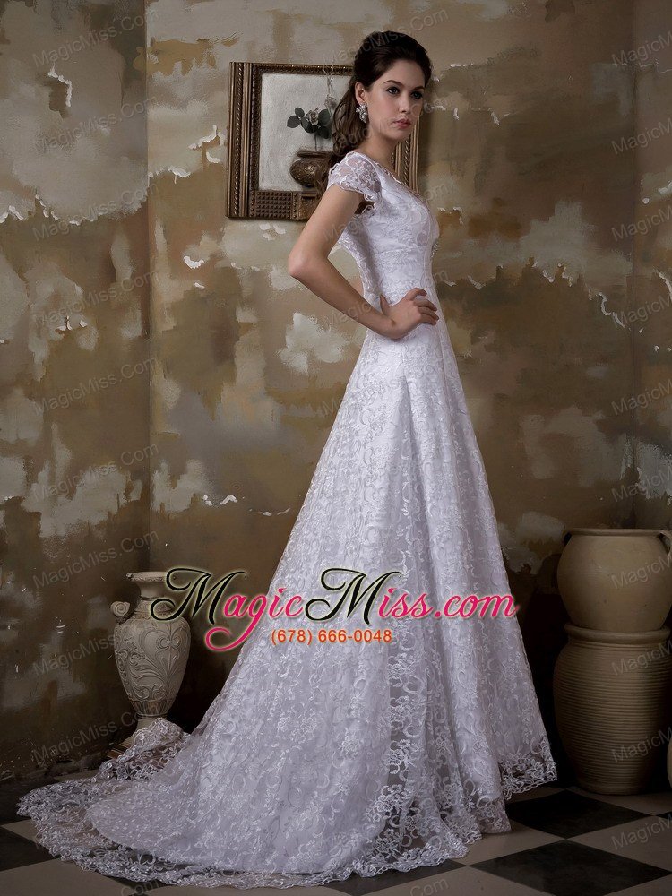 wholesale luxurious a-line v-neck brush train satin and lace wedding dress