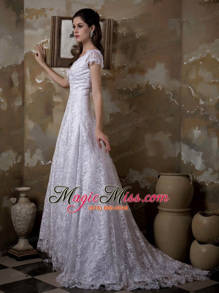 wholesale luxurious a-line v-neck brush train satin and lace wedding dress