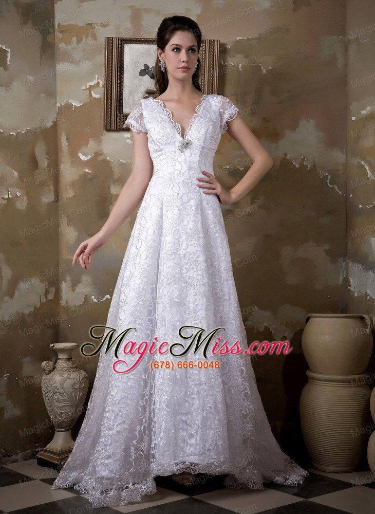 wholesale luxurious a-line v-neck brush train satin and lace wedding dress