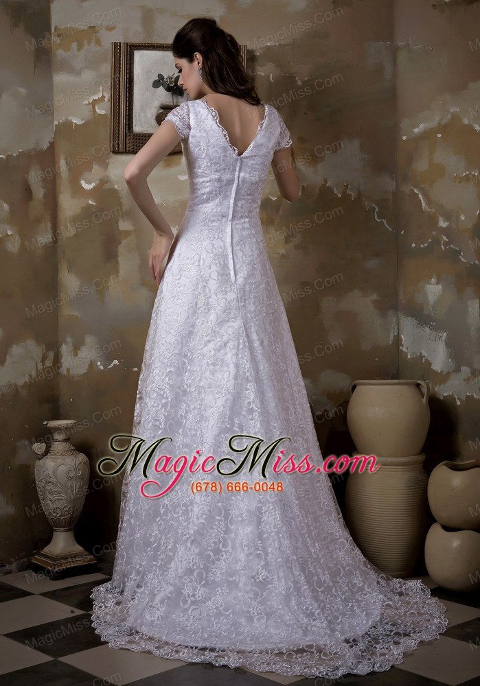 wholesale luxurious a-line v-neck brush train satin and lace wedding dress