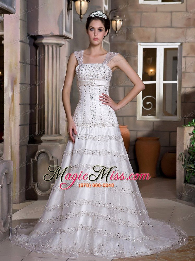 wholesale fabulous a-line straps court train taffeta and lace beading wedding dress