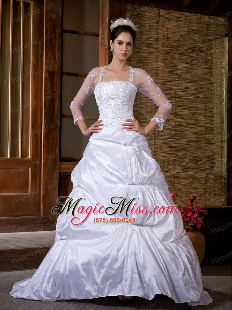 wholesale traditional a-line strapless court train taffeta appliques wedding dress