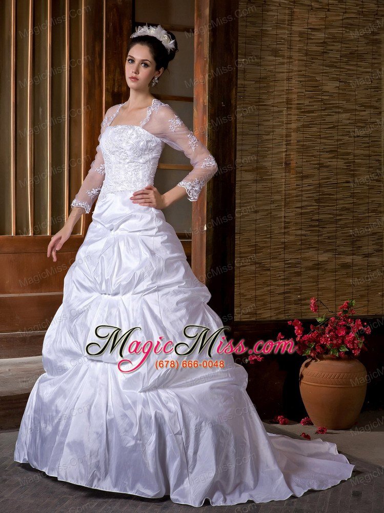 wholesale traditional a-line strapless court train taffeta appliques wedding dress