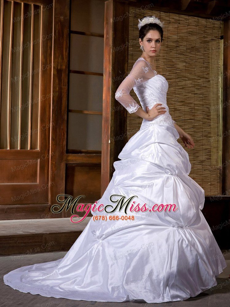 wholesale traditional a-line strapless court train taffeta appliques wedding dress