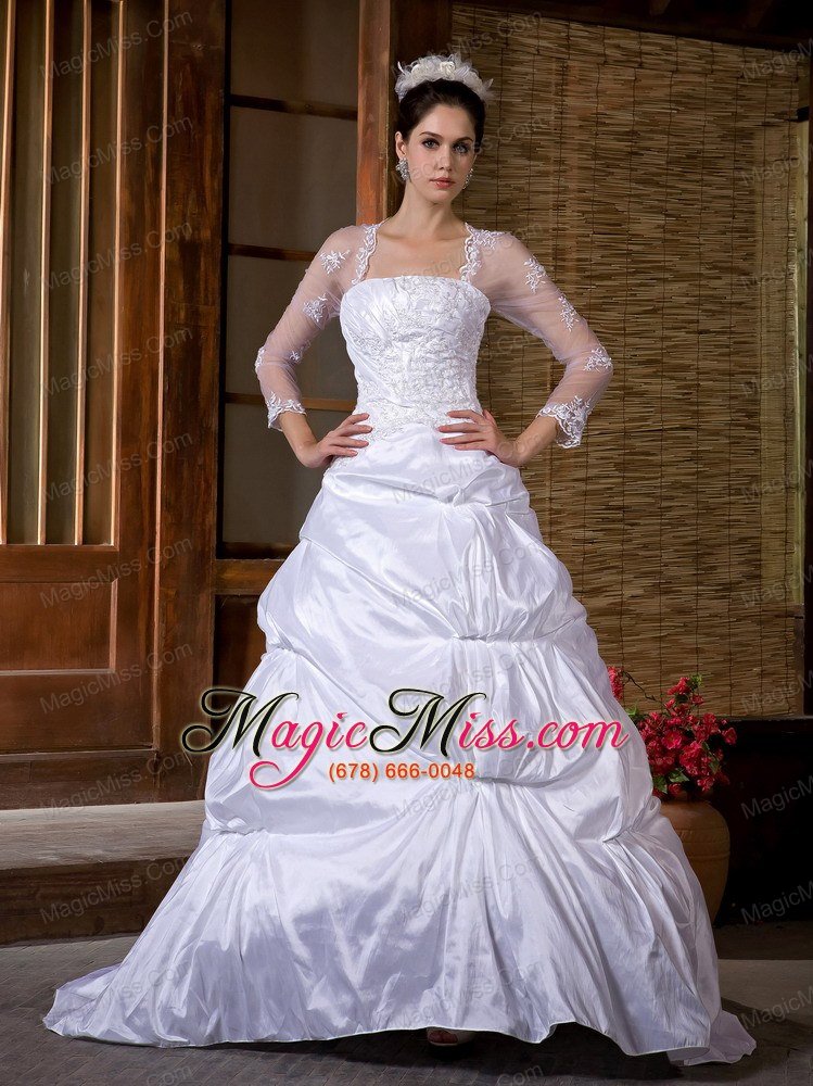 wholesale traditional a-line strapless court train taffeta appliques wedding dress