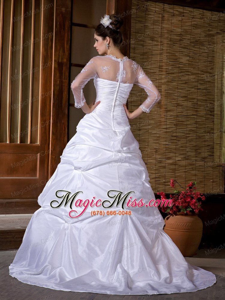 wholesale traditional a-line strapless court train taffeta appliques wedding dress