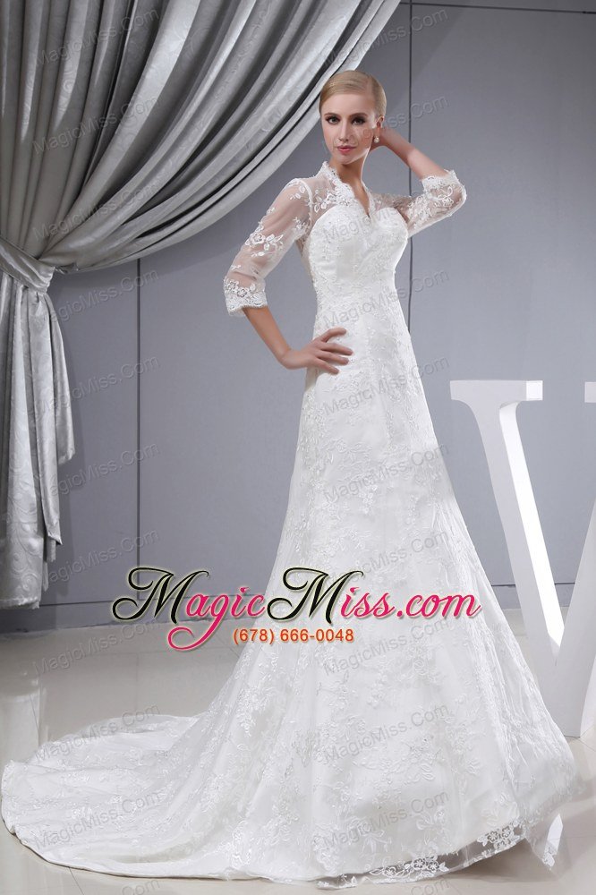 wholesale lace v-neck mermaid court train 3/4 sleeves wedding dress