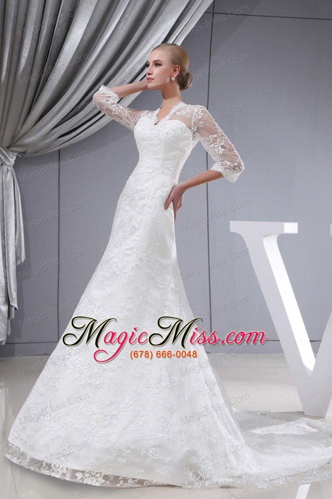 wholesale lace v-neck mermaid court train 3/4 sleeves wedding dress