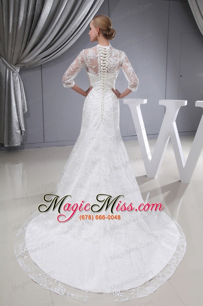 wholesale lace v-neck mermaid court train 3/4 sleeves wedding dress