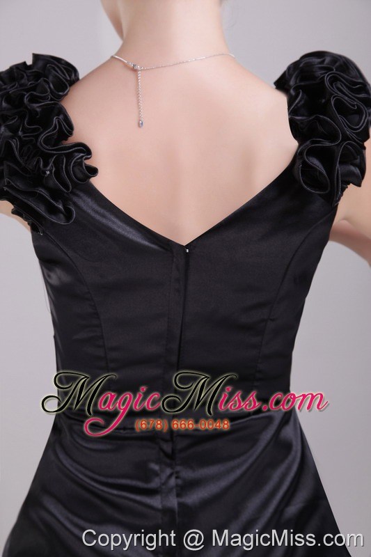 wholesale black column/sheath v-neck mini-length satin handle-made flower prom / cocktail dress