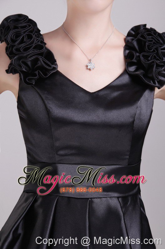 wholesale black column/sheath v-neck mini-length satin handle-made flower prom / cocktail dress