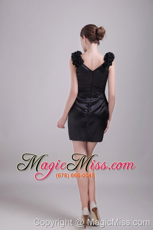 wholesale black column/sheath v-neck mini-length satin handle-made flower prom / cocktail dress