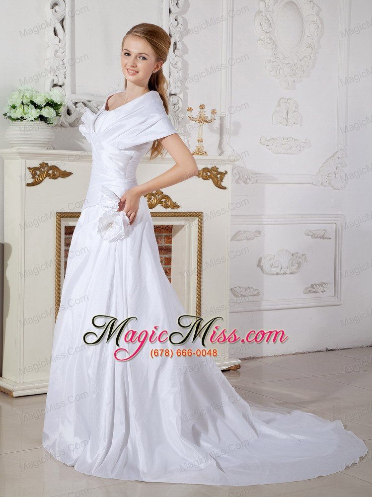 wholesale lovely a-line v-neck court train taffeta hand made flowers wedding dress