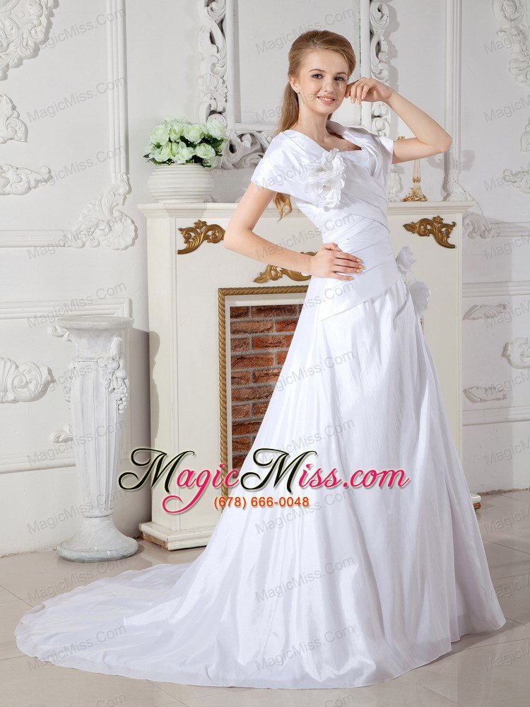 wholesale lovely a-line v-neck court train taffeta hand made flowers wedding dress