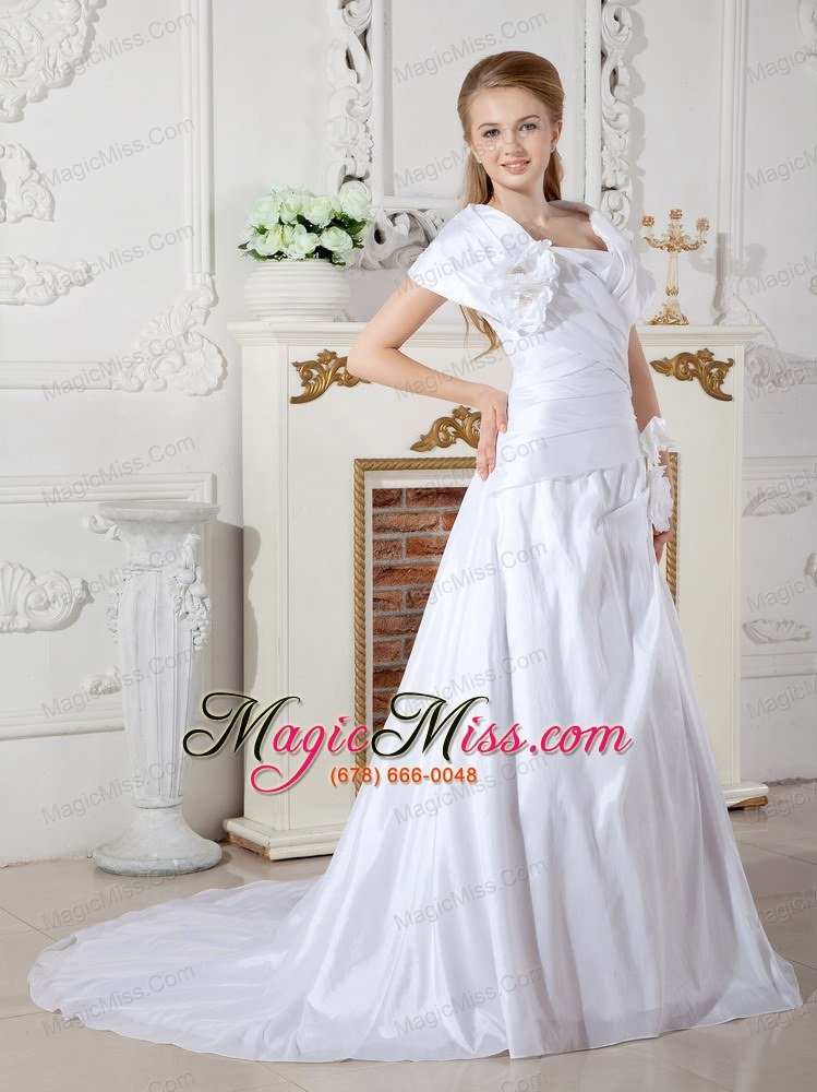 wholesale lovely a-line v-neck court train taffeta hand made flowers wedding dress