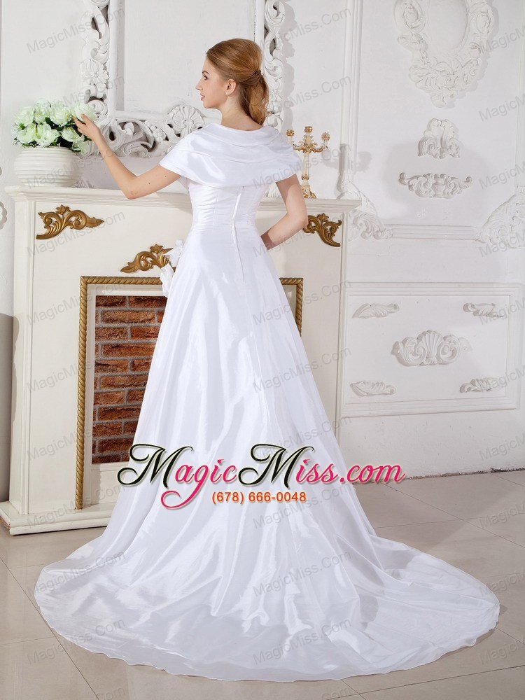 wholesale lovely a-line v-neck court train taffeta hand made flowers wedding dress