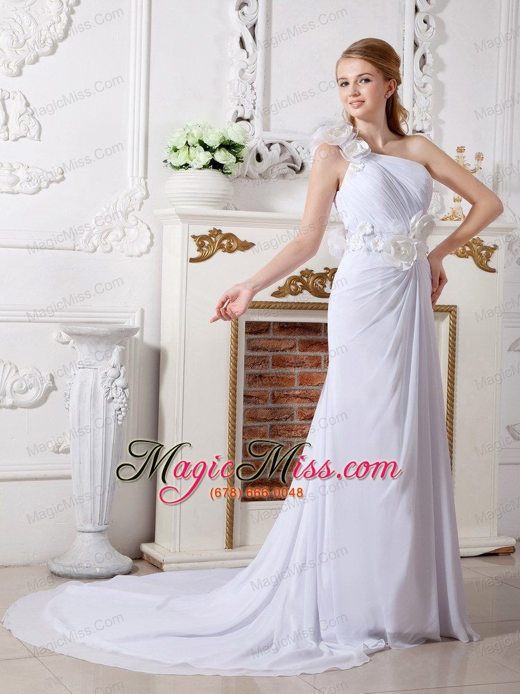 wholesale informa column one shoulder chapel train chiffon hand made flowers wedding dress