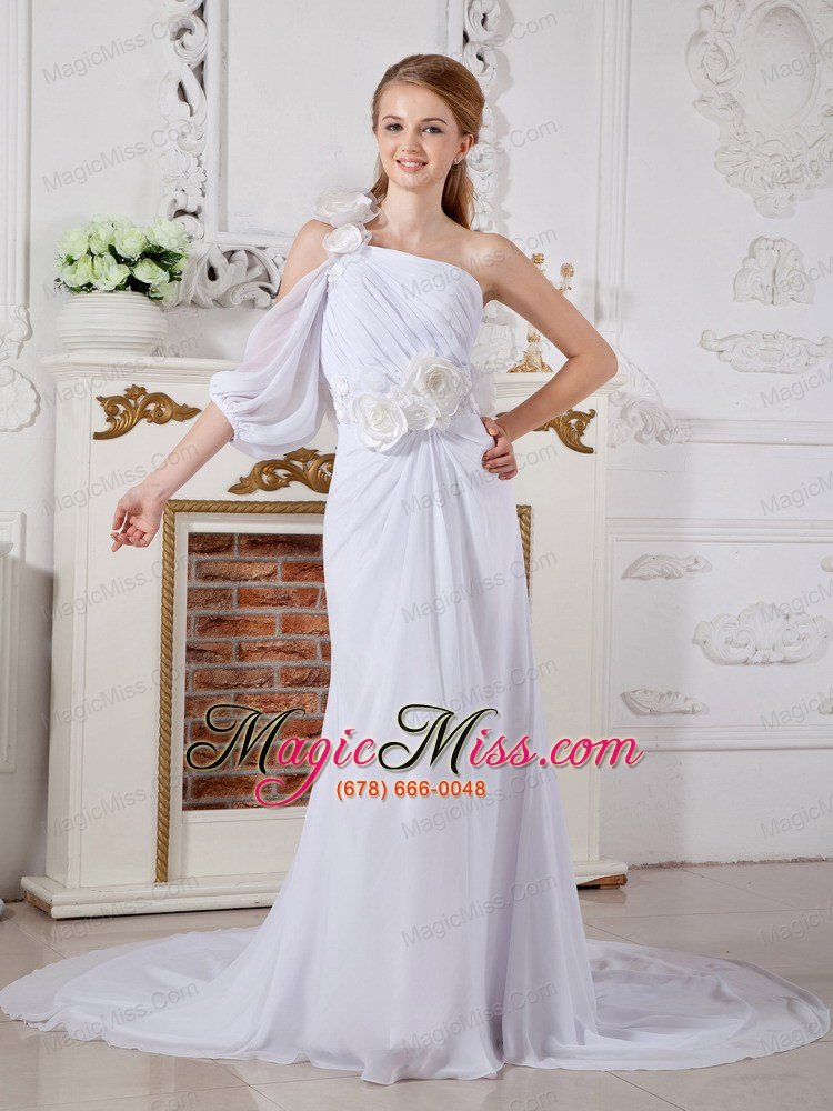 wholesale informa column one shoulder chapel train chiffon hand made flowers wedding dress