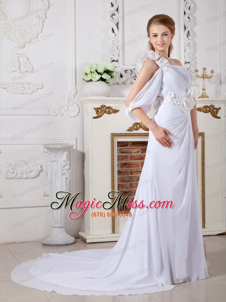 wholesale informa column one shoulder chapel train chiffon hand made flowers wedding dress