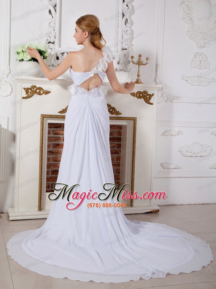 wholesale informa column one shoulder chapel train chiffon hand made flowers wedding dress