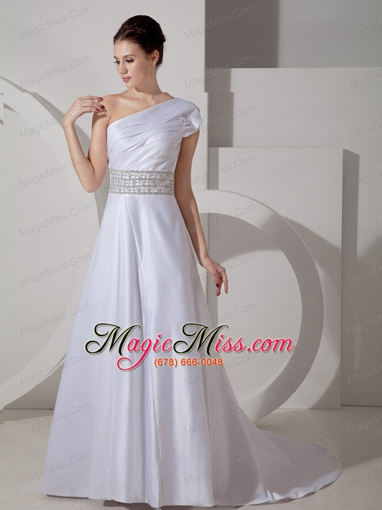 wholesale luxurious a-line one shoulder court train satin belt wedding dress