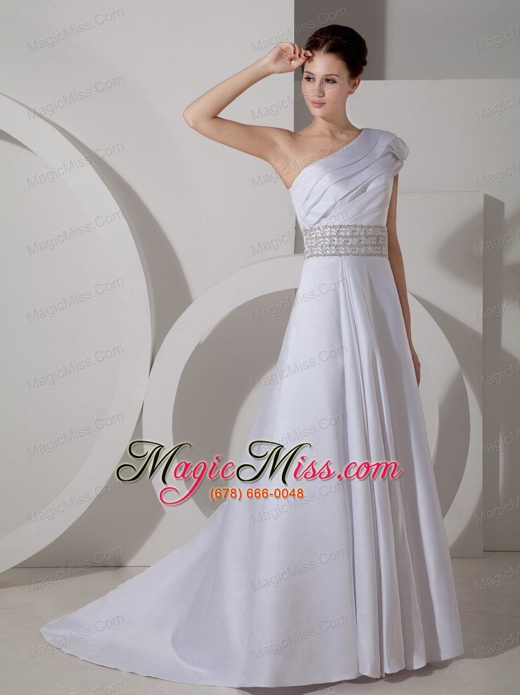 wholesale luxurious a-line one shoulder court train satin belt wedding dress