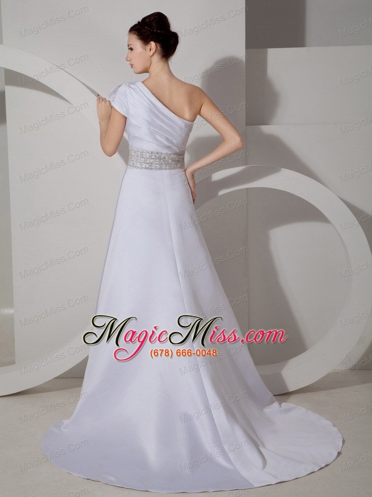 wholesale luxurious a-line one shoulder court train satin belt wedding dress